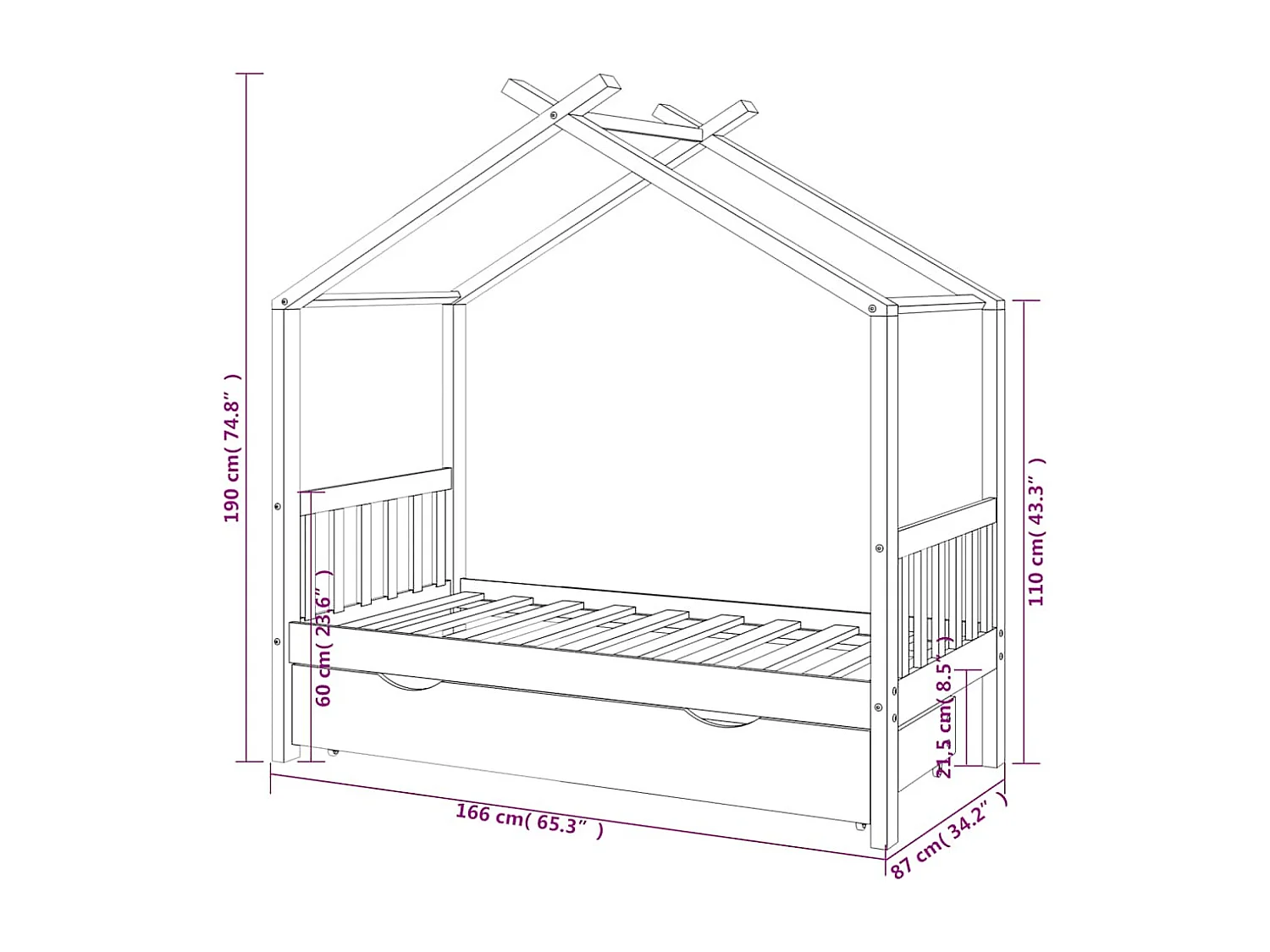 Kinderbedframe met lade massief grenenhout wit 80x160 cm