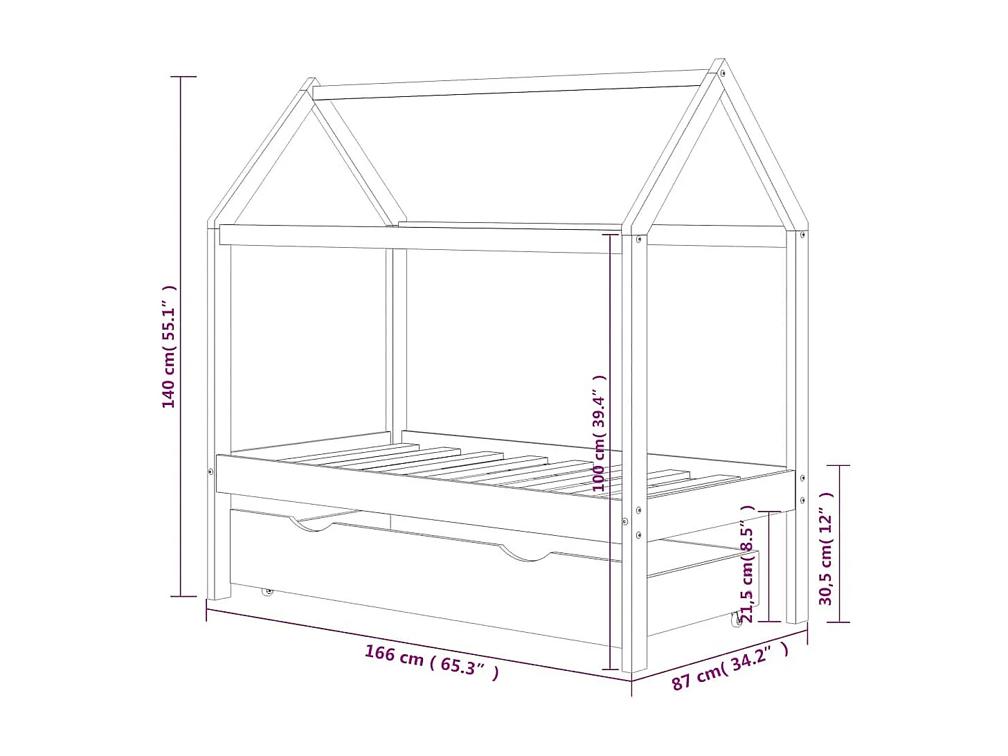 Estrutura de cama para crianças c/ gaveta 80x160cm pinho maciço
