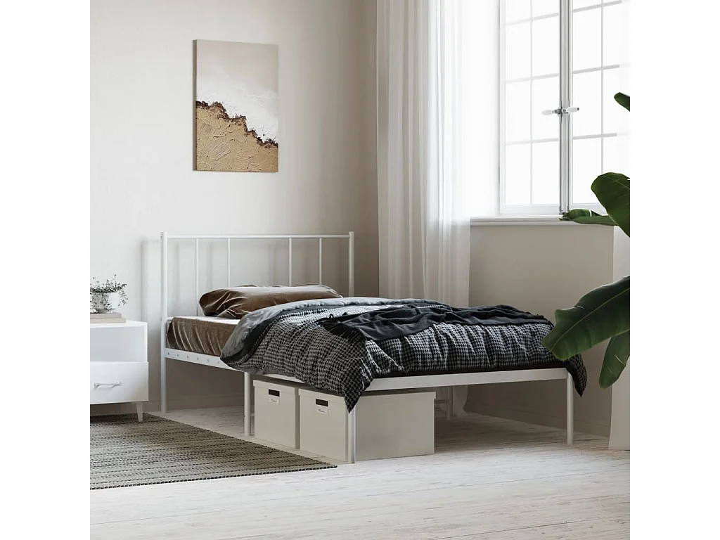 Cadre de lit métal sans matelas et tête de lit blanc 100x190 cm