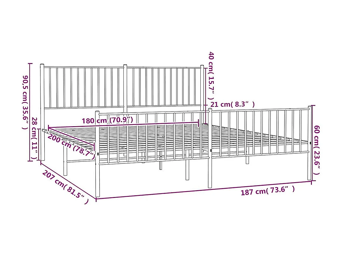 Cadre de lit métal sans matelas et pied de lit blanc 180x200 cm