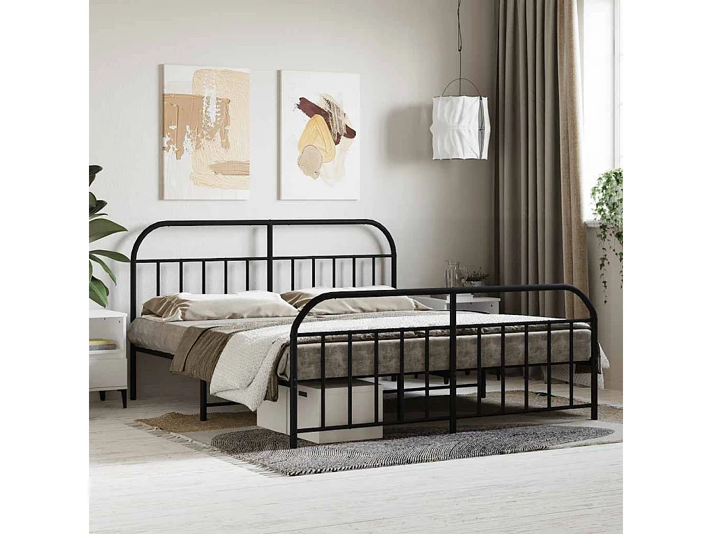 Cadre de lit métal sans matelas avec pied de lit noir 160x200cm