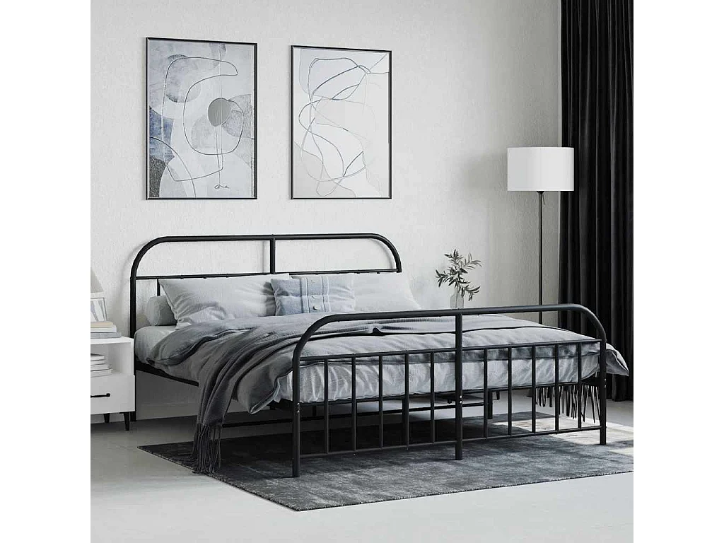 Cadre de lit métal sans matelas avec pied de lit noir 160x200cm