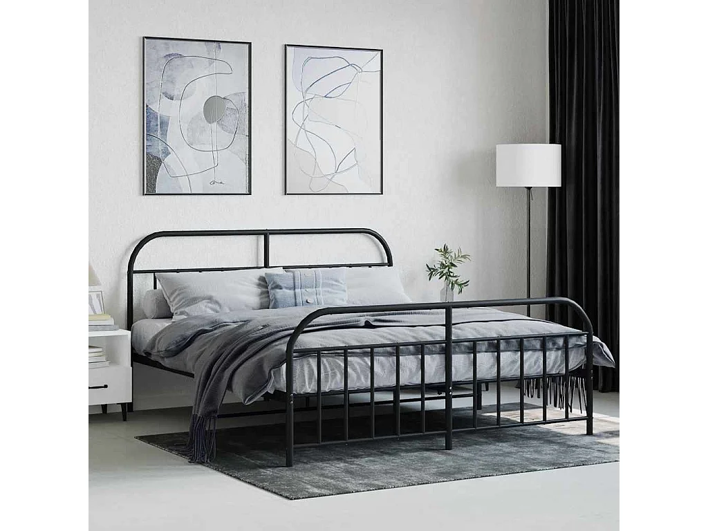 Cadre de lit métal sans matelas avec pied de lit noir 160x200cm