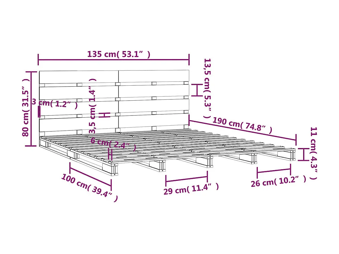 Estructura de cama sin colchón madera maciza de pino 135x190 cm