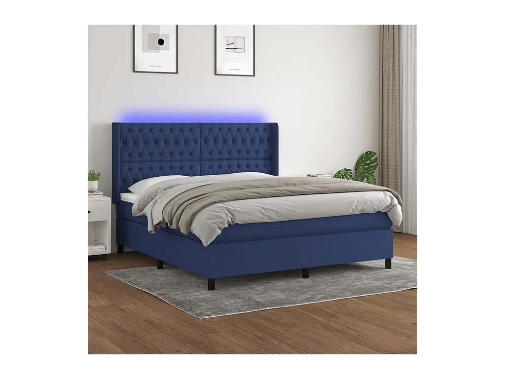 Sommier à lattes de lit matelas et LED Bleu 160x200 cm Tissu