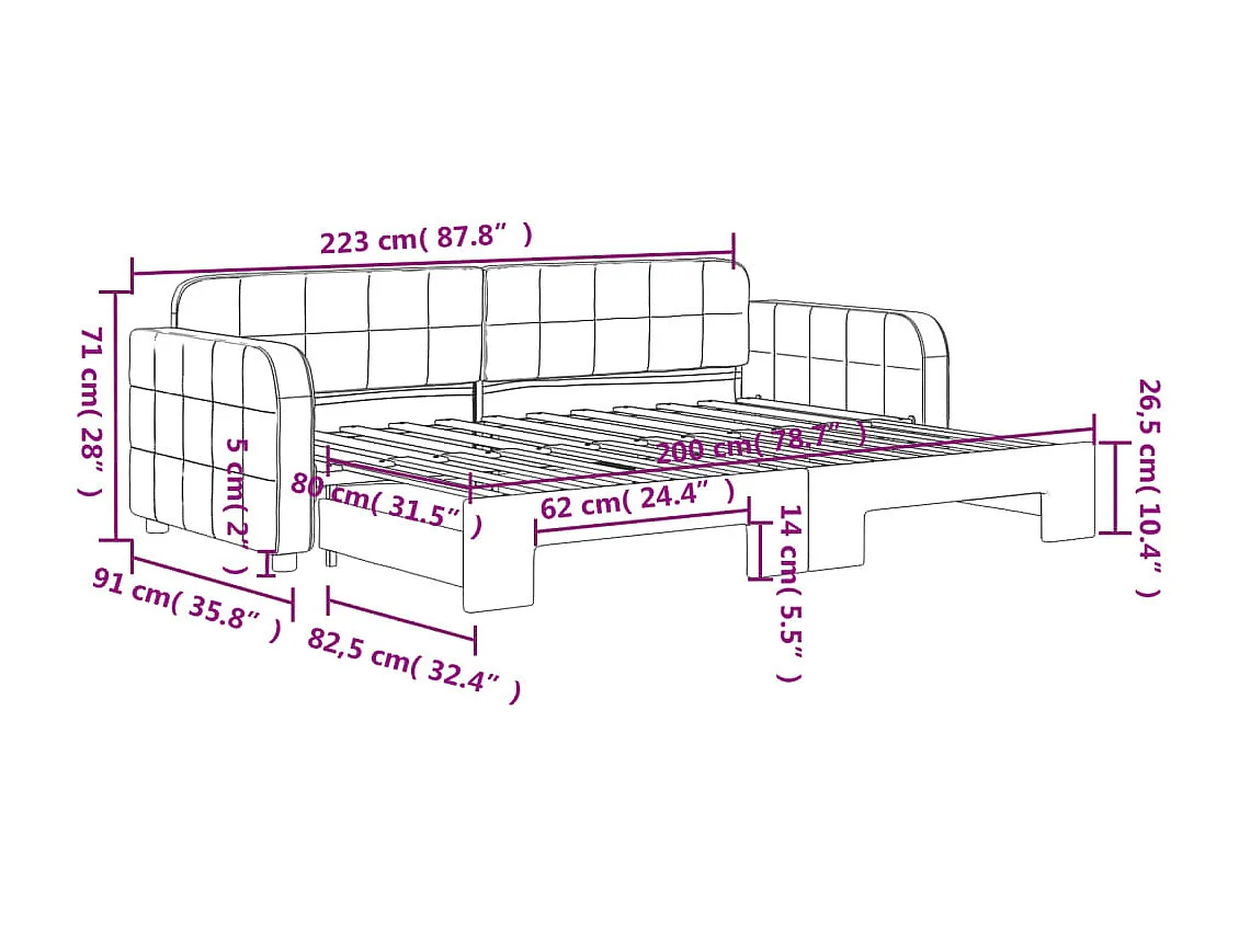 Lit de jour avec gigogne sans matelas 80x200 cm