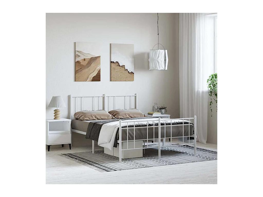 Cadre de lit métal sans matelas et pied de lit blanc 150x200 cm