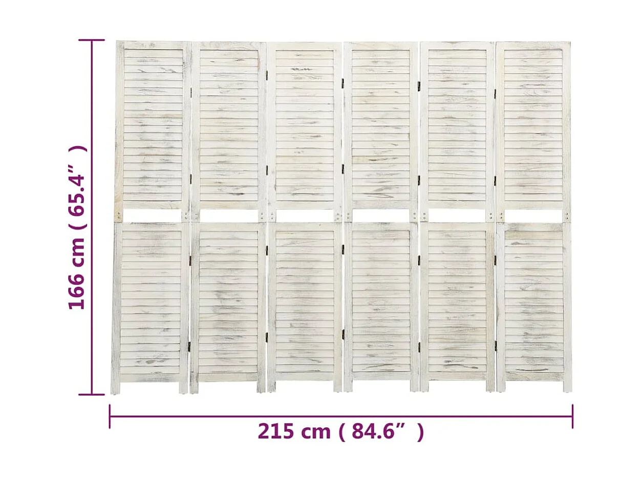 Biombo com 6 painéis 215x166 cm madeira branco antigo