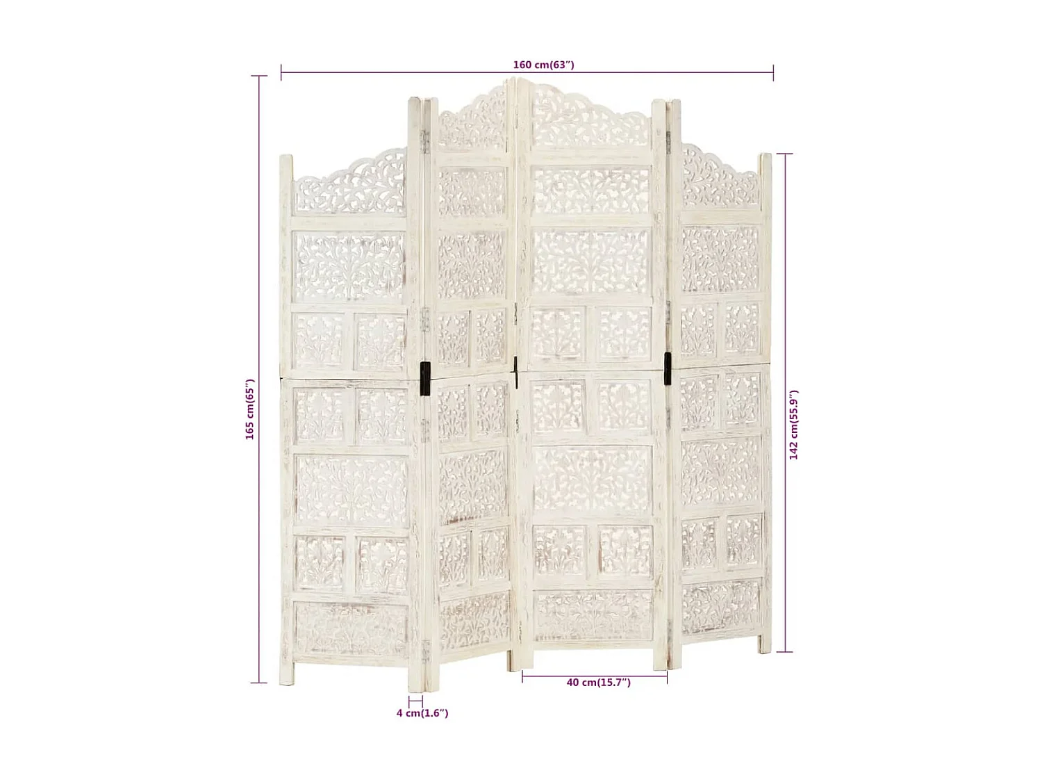 Cloison de séparation 4 panneaux Blanc 160x165 cm Bois manguier