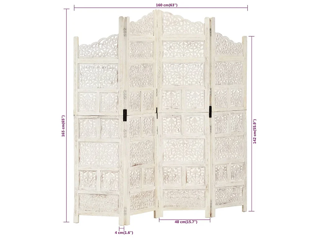 Paravent 4 panneaux Blanc 160x165 cm Bois manguier