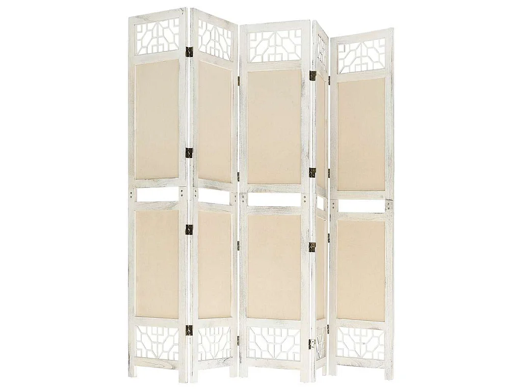 Biombo divisor de 5 paneles de tela color crema 175x165 cm