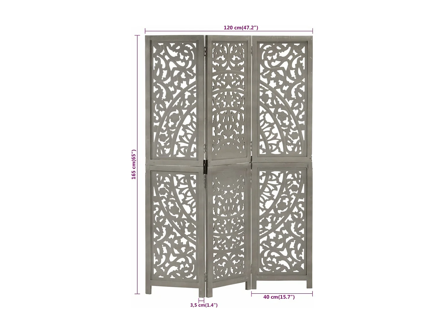 Cloison de séparation 3 panneaux Gris 120x165 cm Bois manguier