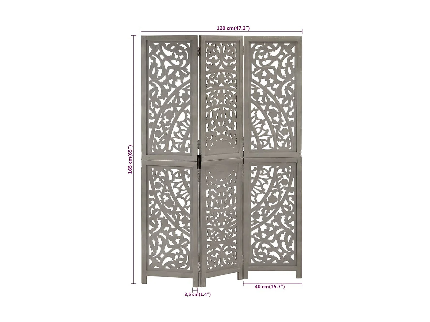 Cloison de séparation 3 panneaux Gris 120x165 cm Bois manguier
