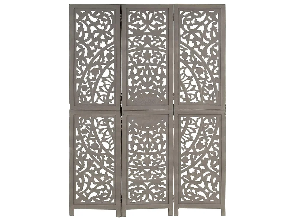 3tlg. Raumteiler Handgeschnitzt Grau 120×165cm Mango Massivholz