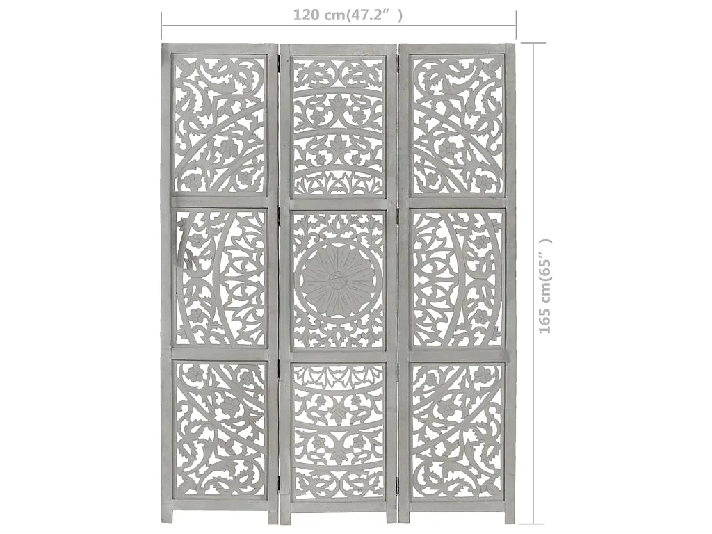 3tlg. Raumteiler Handgeschnitzt Grau 120×165cm Mango Massivholz
