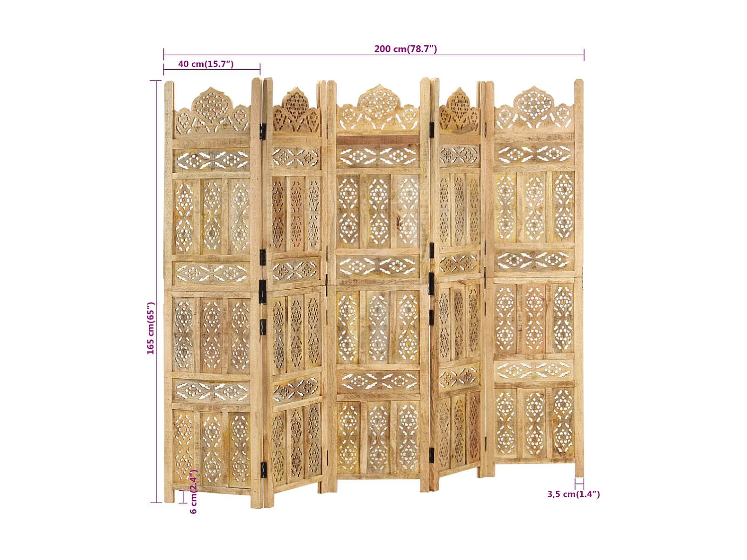Cloison de séparation 5 panneaux 200x165 cm Bois de manguier