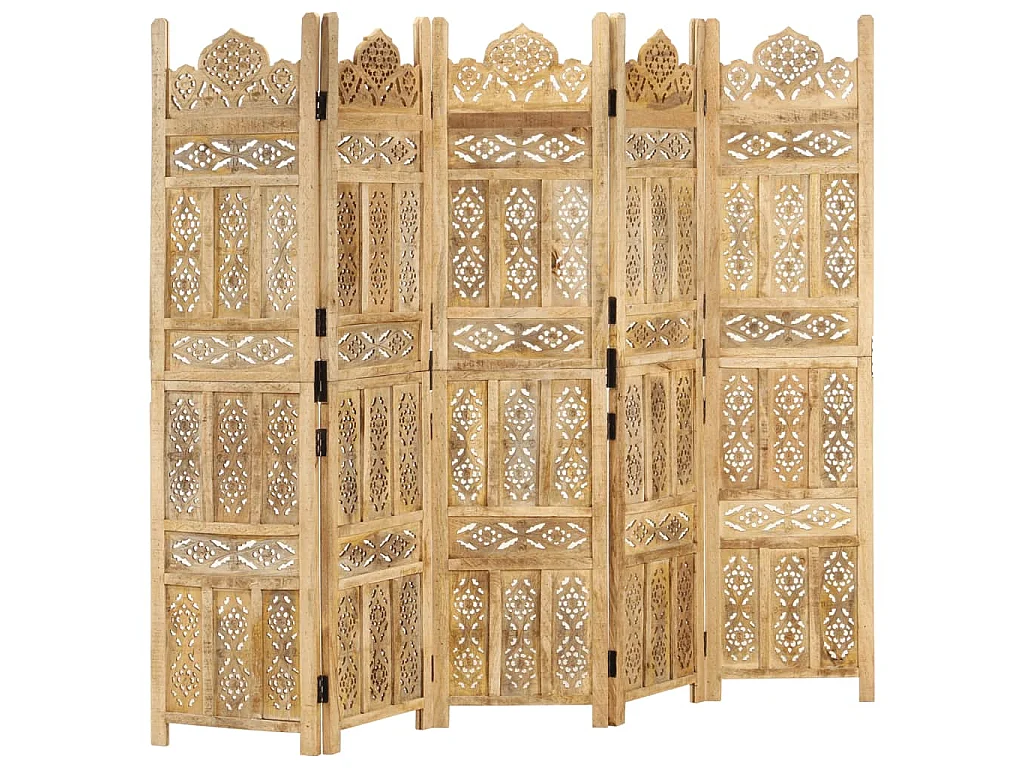 Kamerscherm 5 panelen handgesneden 200x165 cm massief mangohout