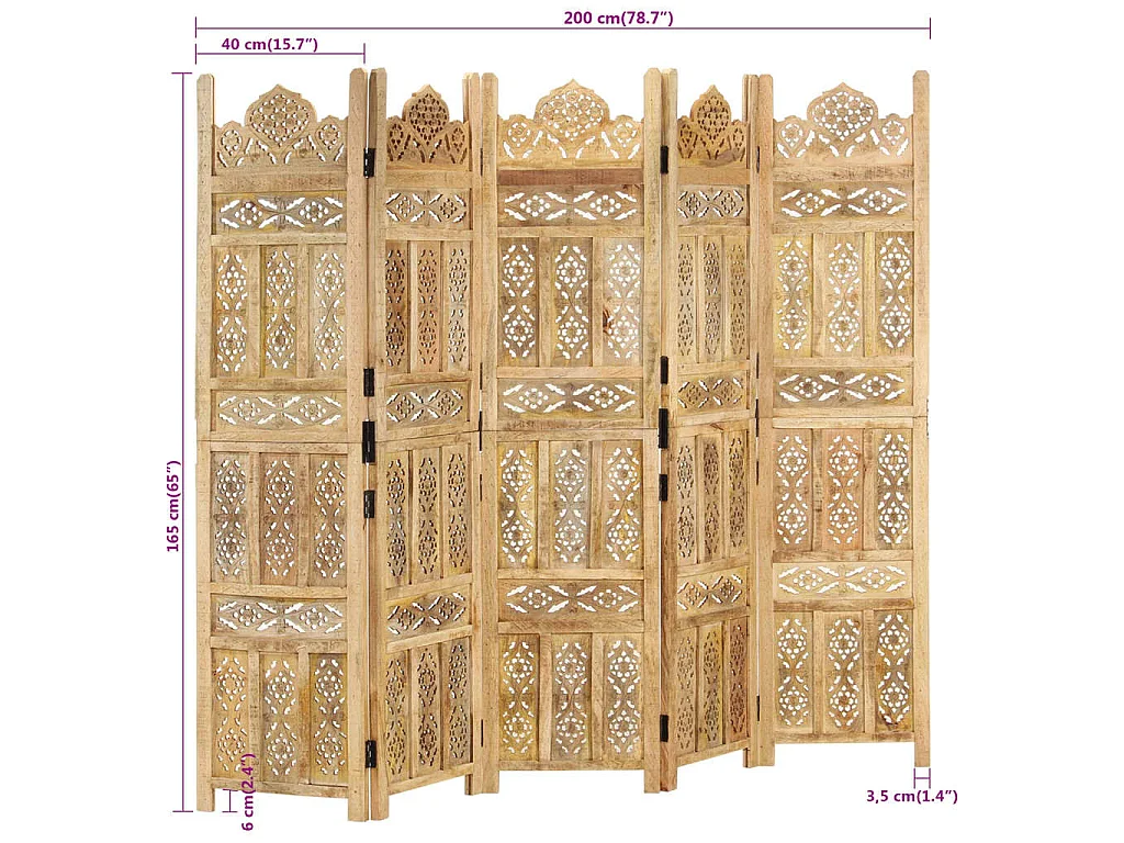 Kamerscherm 5 panelen handgesneden 200x165 cm massief mangohout
