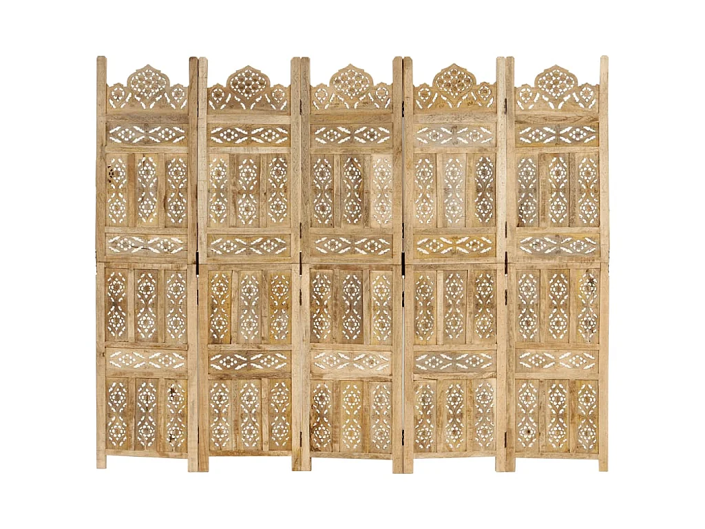 Kamerscherm 5 panelen handgesneden 200x165 cm massief mangohout