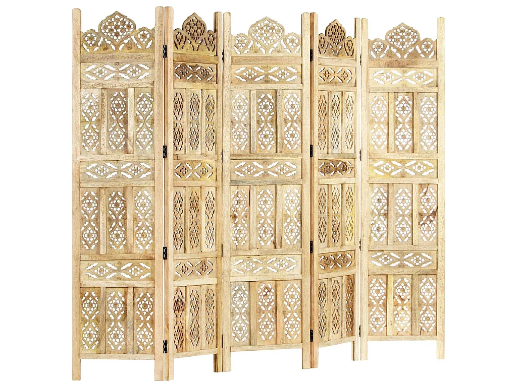 Kamerscherm 5 panelen handgesneden 200x165 cm massief mangohout