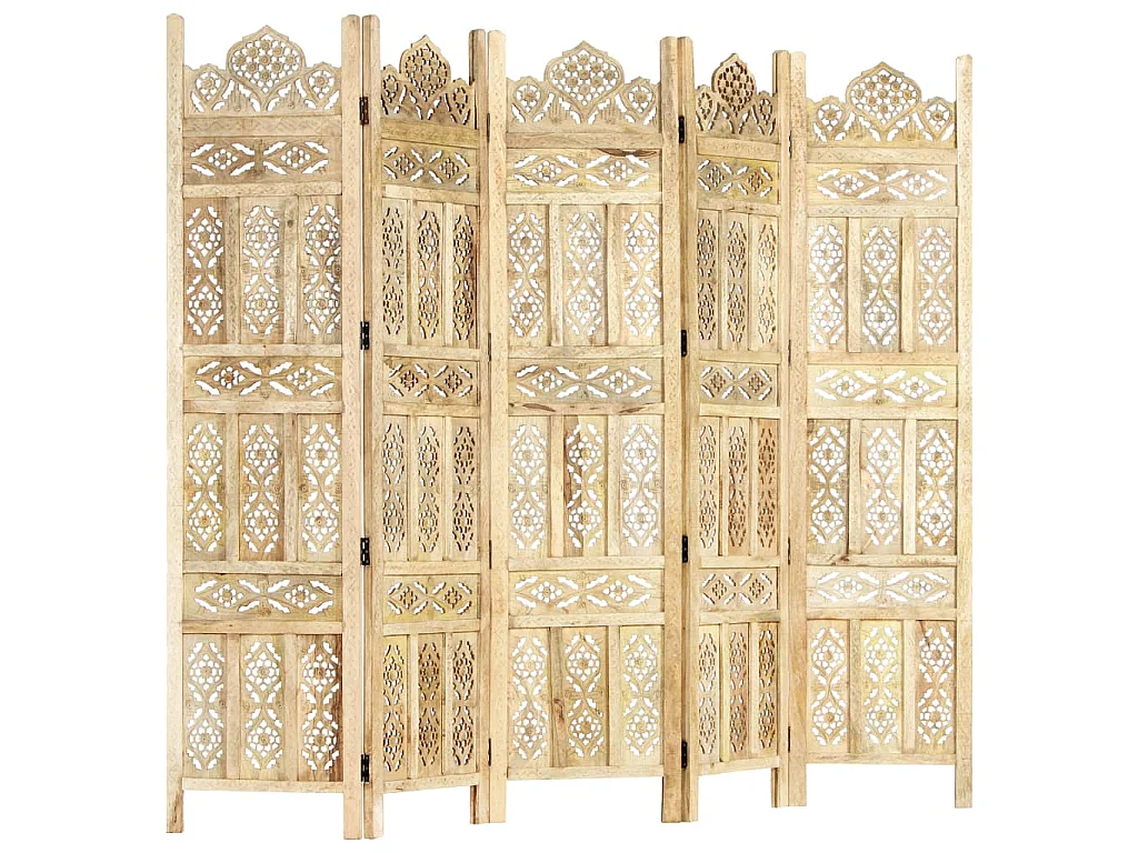 Kamerscherm 5 panelen handgesneden 200x165 cm massief mangohout