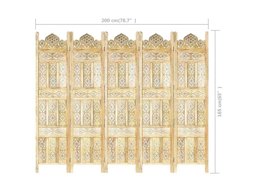 Kamerscherm 5 panelen handgesneden 200x165 cm massief mangohout