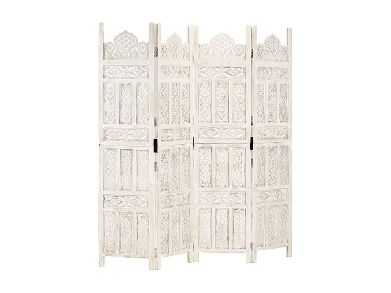 4tlg. Raumteiler Handgeschnitzt Weiß 160×165cm Mango Massivholz