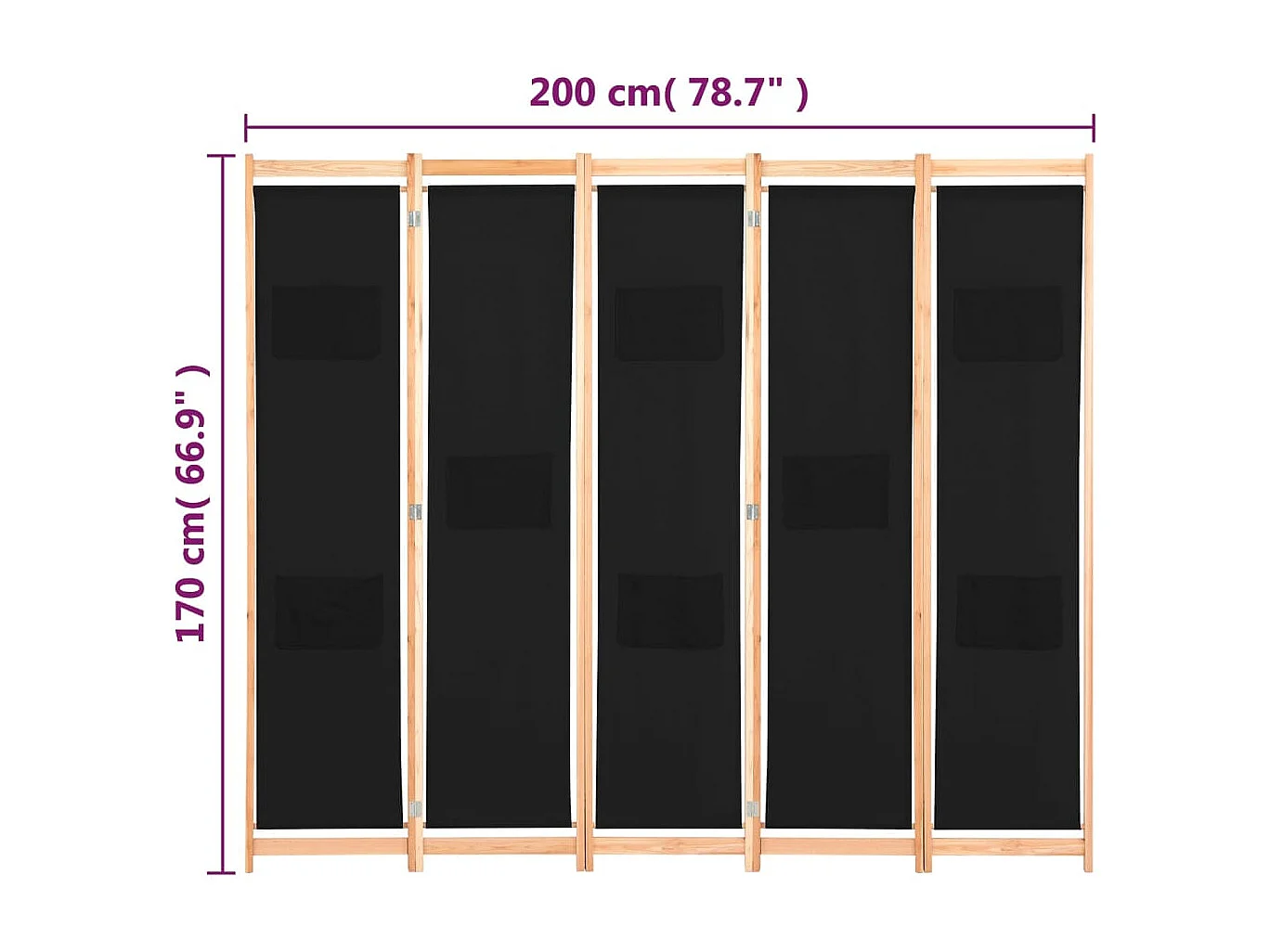 Biombo divisor de 5 paneles de tela negro 200x170x4 cm