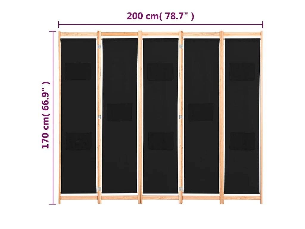 Paravent 5 panneaux Noir 200 x 170 x 4 cm Tissu