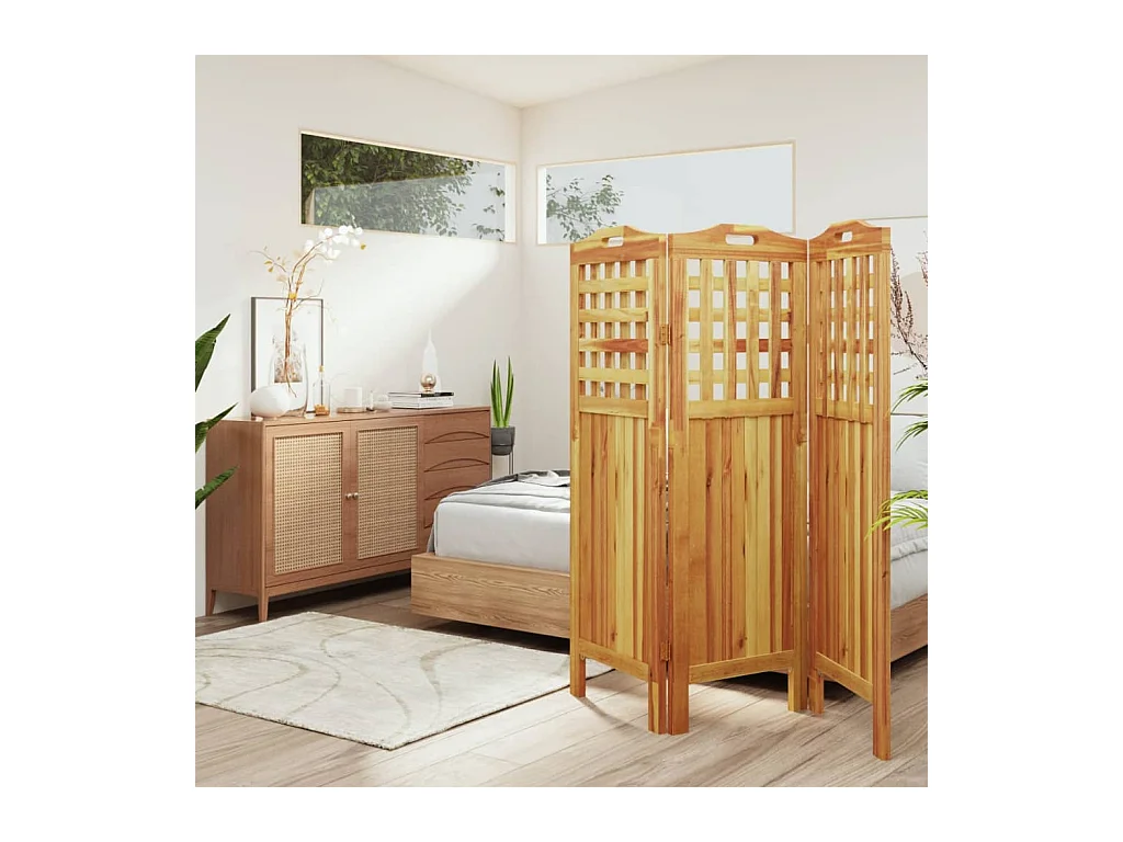 Biombo de 3 paneles de madera maciza de acacia 121,5x2x115 cm