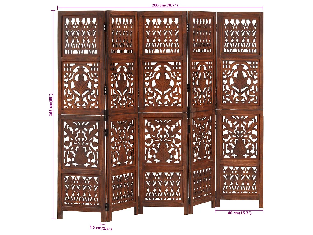 Paravent 5 panneaux Marron 200x165cm Bois manguier