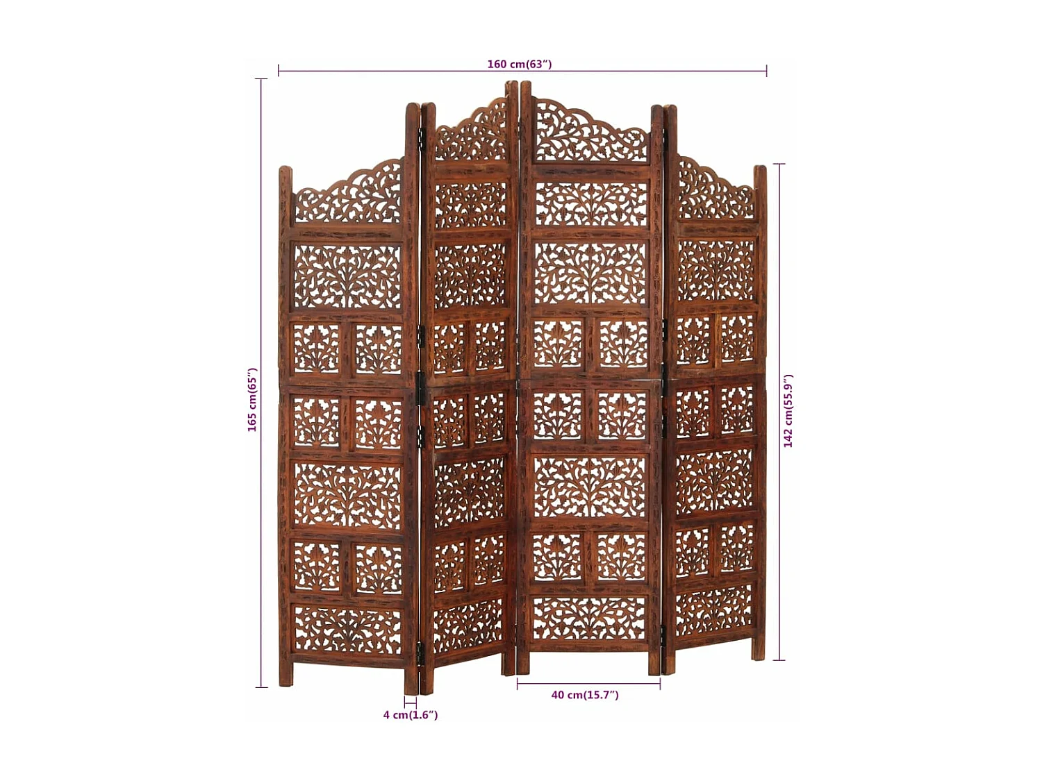 Divisorio 4 Pannelli Intaglio Marrone 160x165cm Mango Massello