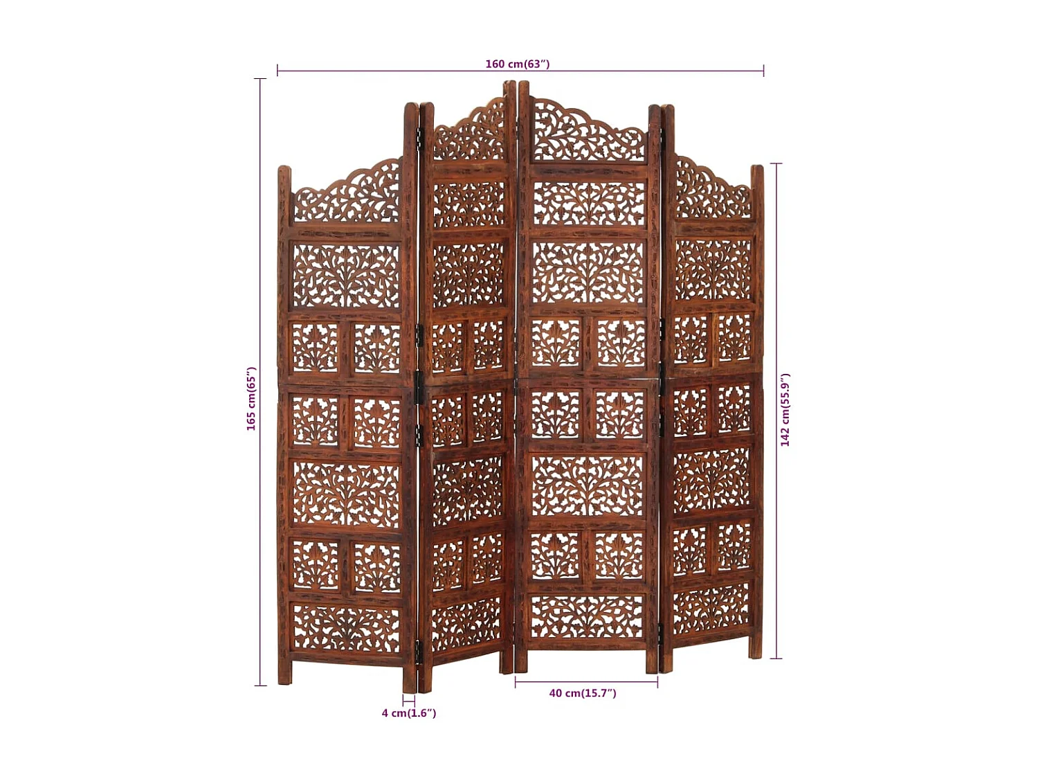 Divisorio 4 Pannelli Intaglio Marrone 160x165cm Mango Massello