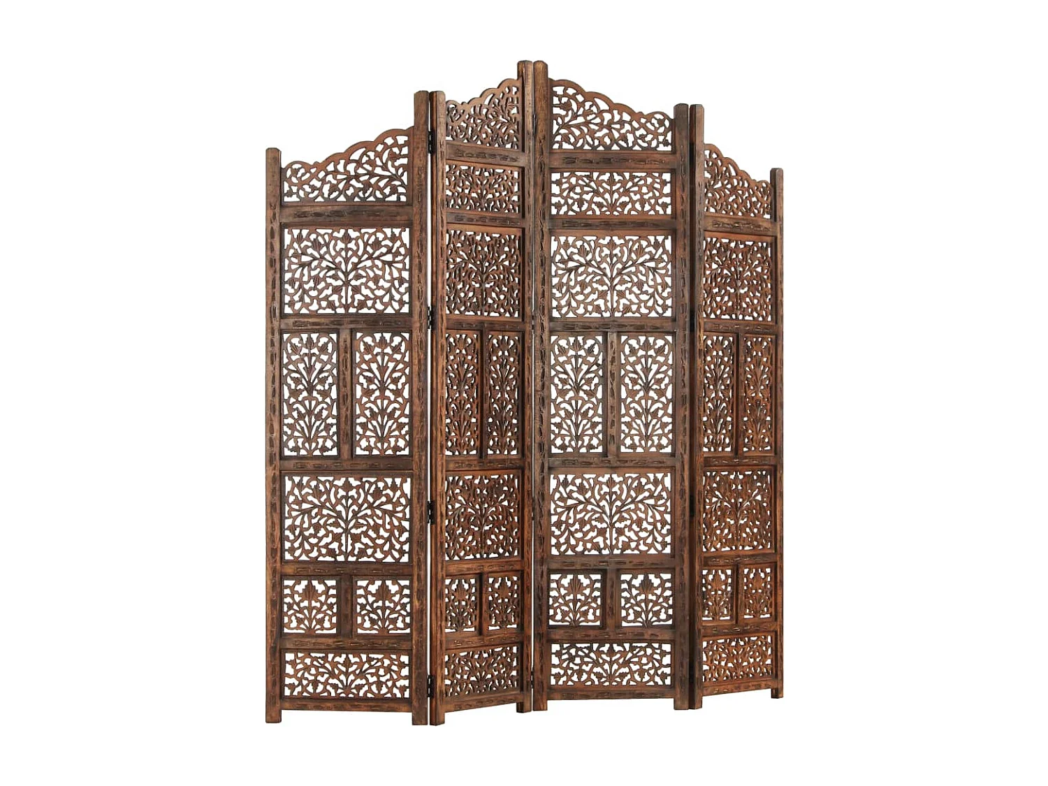 Divisorio 4 Pannelli Intaglio Marrone 160x165cm Mango Massello