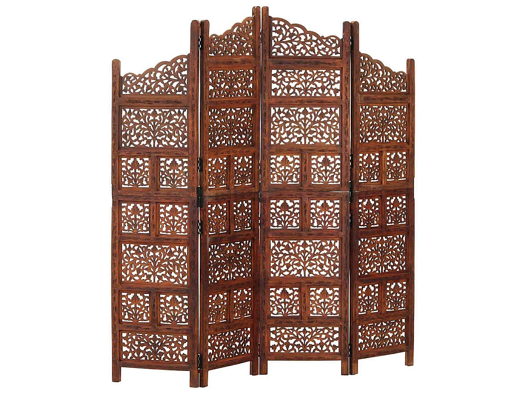 Kamerscherm 4 panelen handgesneden 160x165 cm mangohout bruin