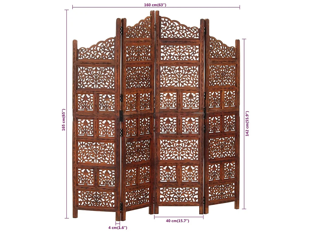 Kamerscherm 4 panelen handgesneden 160x165 cm mangohout bruin