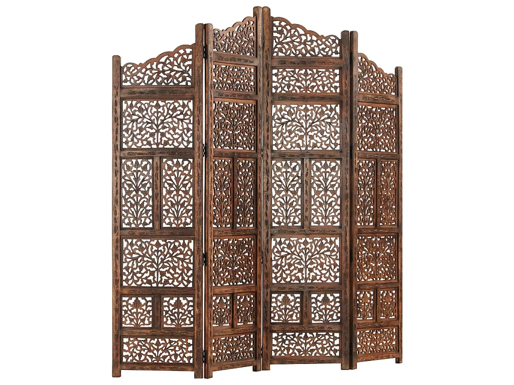 Kamerscherm 4 panelen handgesneden 160x165 cm mangohout bruin