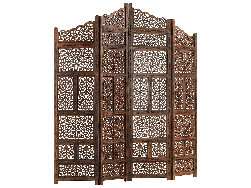 Kamerscherm 4 panelen handgesneden 160x165 cm mangohout bruin