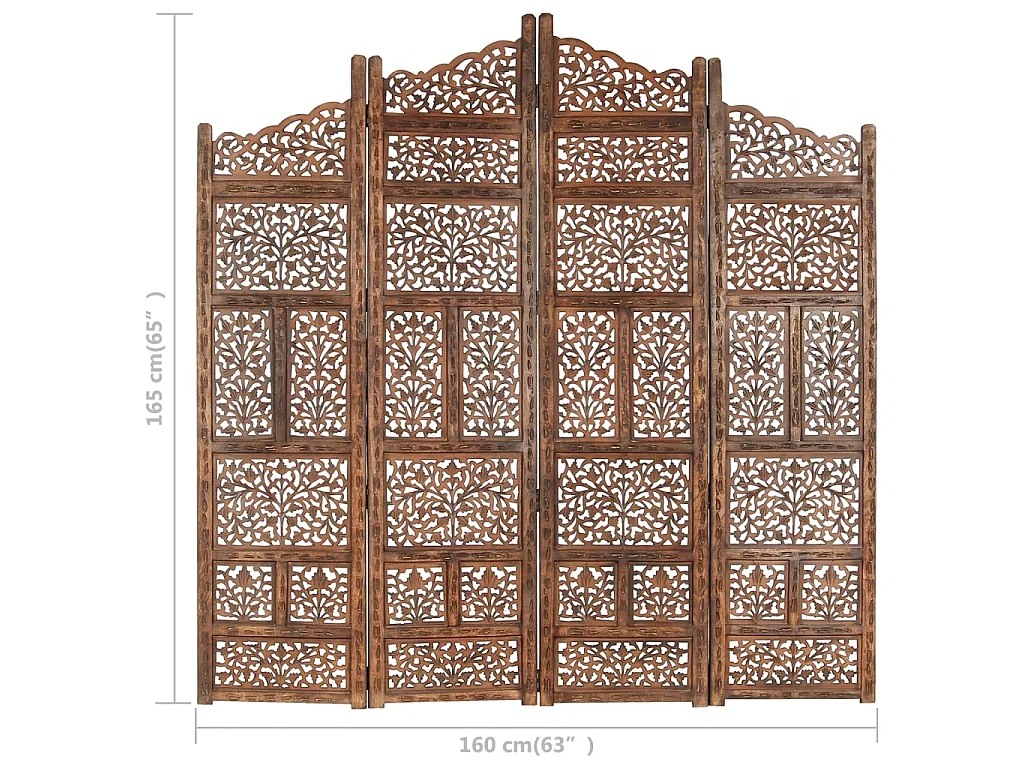 Kamerscherm 4 panelen handgesneden 160x165 cm mangohout bruin