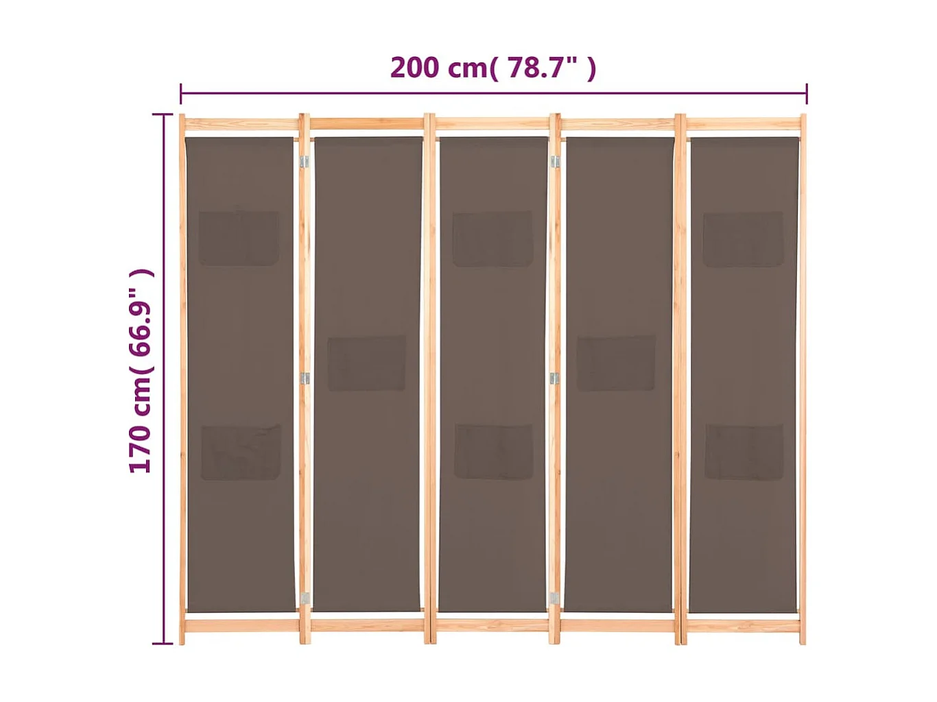 Cloison de séparation 5 panneaux Marron 200 x 170 x 4 cm Tissu