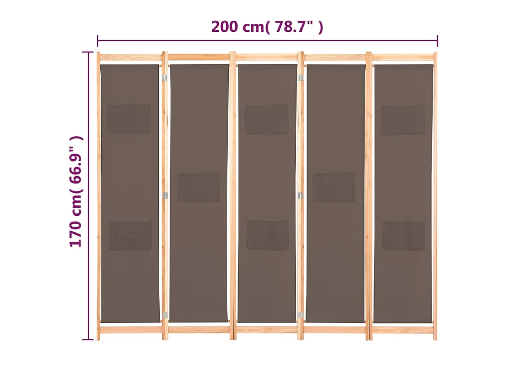 Paravent 5 panneaux Marron 200 x 170 x 4 cm Tissu
