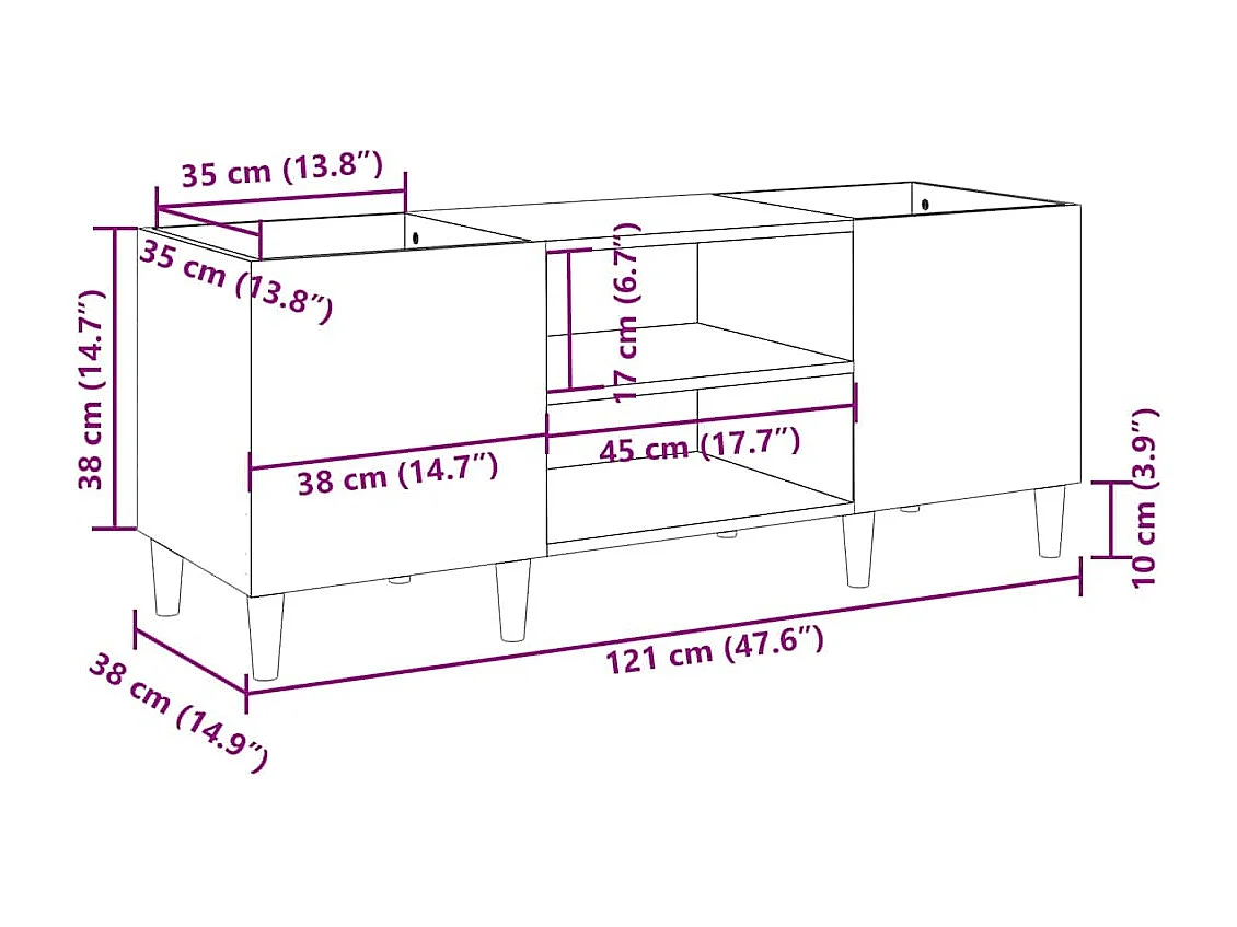 Platenkast 121x38x48 cm bewerkt hout wit