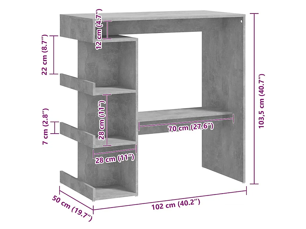 Table de bar étagère de rangement Gris béton Bois d'ingénierie