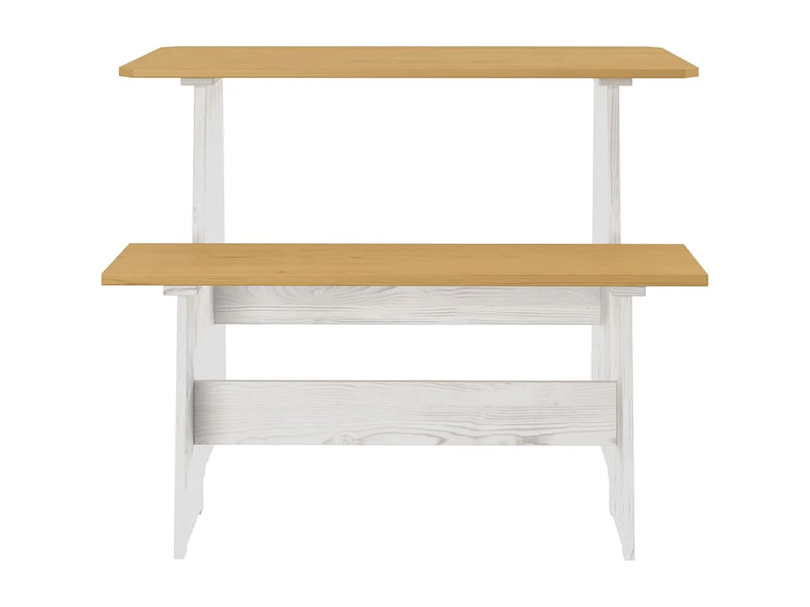 Table à manger et banc REINE marron miel blanc bois pin solide