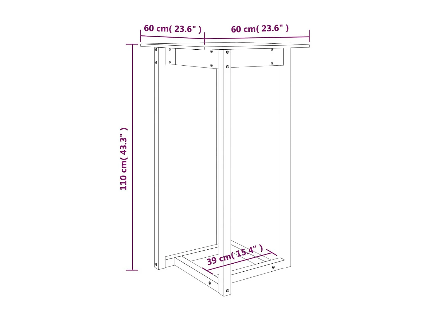 Mesa alta de bar de madera maciza de pino 60x60x110 cm
