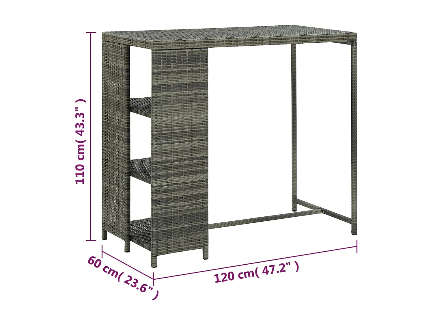 Tavolo da Bar con Ripiani Grigio 120x60x110 cm in Polyrattan