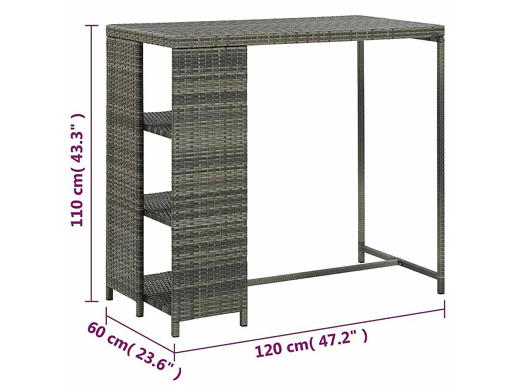Bartafel met opbergrek 120x60x110 cm poly rattan grijs