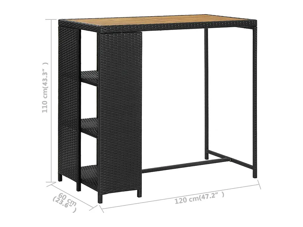 Bartafel met opbergrek 120x60x110 cm poly rattan zwart