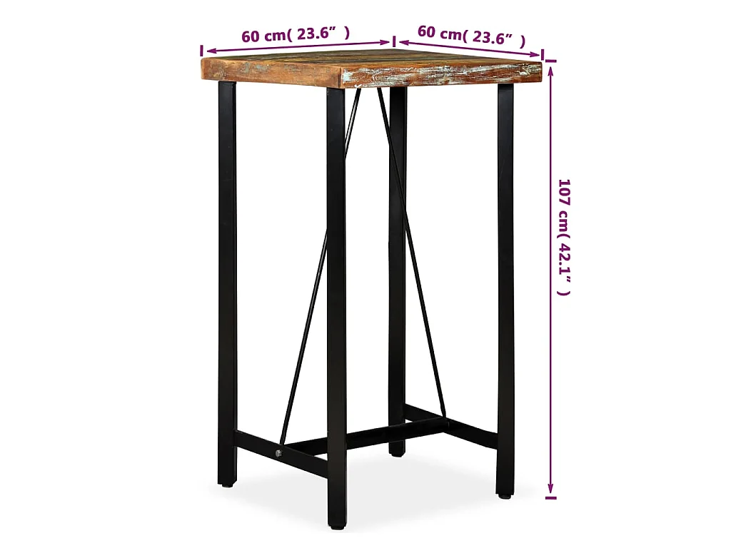 Mesa de bar em madeira recuperada maciça 60x60x107 cm