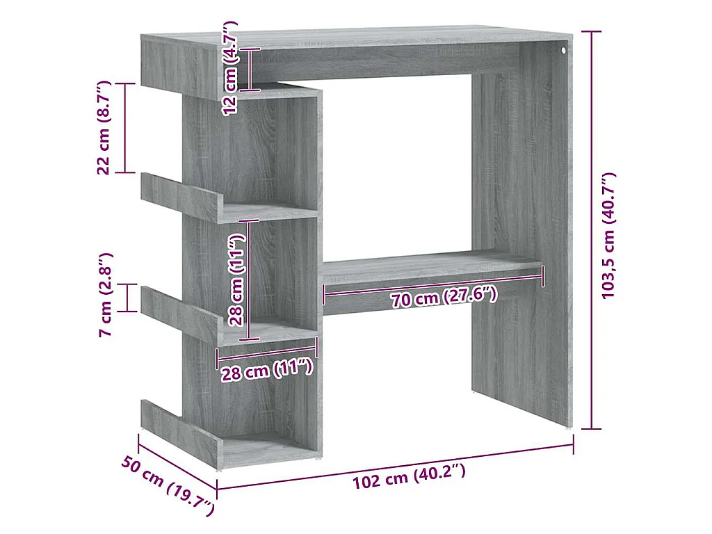 Bartafel met opbergrek 100x50x101,5 cm grijs sonoma